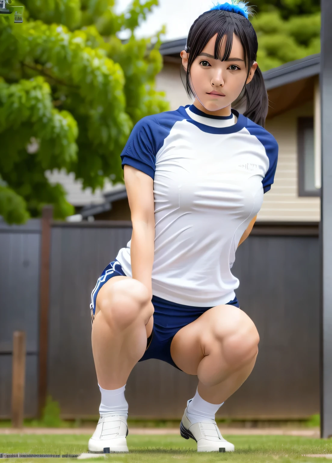 1girl, solo, realistic, (small breasts), squatting, school ground, gym uniform, white shirt, dark blue buruma, 軽い微笑, black hair, ponytail, masterpiece, best quality, ultra-detailed, high-resolution, super high res, 8k, 4K