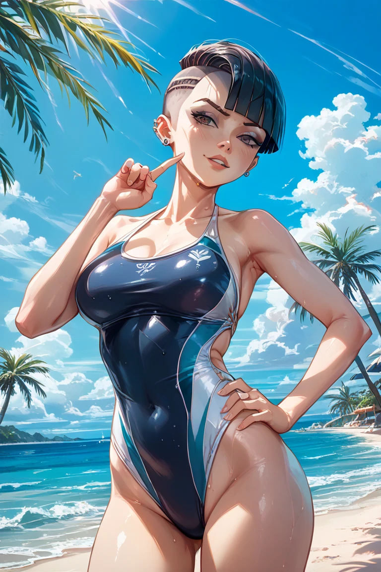 tropical island, beach, palm trees, ocean, beach ball, sand, sky, clouds, sun, sun light, (masterpiece), best quality, 8k, 4k, hd, hires, best quality, masterpiece, ultra-high detailed, hyper-detailed, intricate details, photo-realistic, beautiful details, studio lighting, detailed clothing, highly textured clothing, satin lighting, hyper resolution, insanely detailed, young woman, fit body, slender arms, nice thighs, two piece swimsuit, 2piece