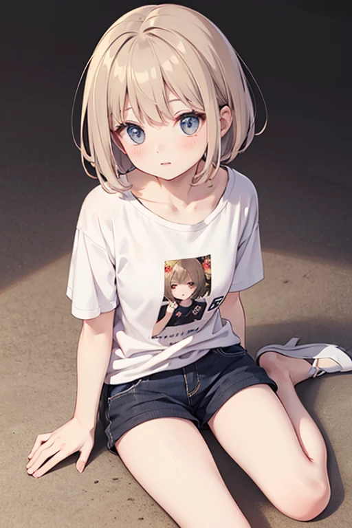 (at night),Highest quality, anime,Moe,Art Style,8K Konachan Wallpaper,Perfect Anatomy,,One girl, (13 years old:1.3),(high school student), (short hair), blonde hair, (hair over one eye:1.6),Complete limbs, Full Finger,Medium chest, (T-Shirt Bra:1.5),(Seamless Panties),(White panties),bottomless,Sit on the bed,Small eyes,Detailed eyes,Blue Eyes,Hair Clip,(barefoot:1.9),(wet hair:1.2), Super detailed,High resolution,Highly detailed skin,8K,(Cute illustrations:1.2), (indoor),(Cute Girl's Room:1.9)、,Pink Room,