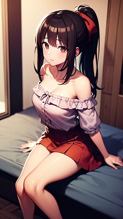 Brat Girl Realistic Provocative smile Very short skirt Shorts with less fabric Short camisole Very large breasts gravure Black Hair Twin tails Crab soup Between the legs Emphasize Double Peace Thick legs Big Ass Transparent nipples