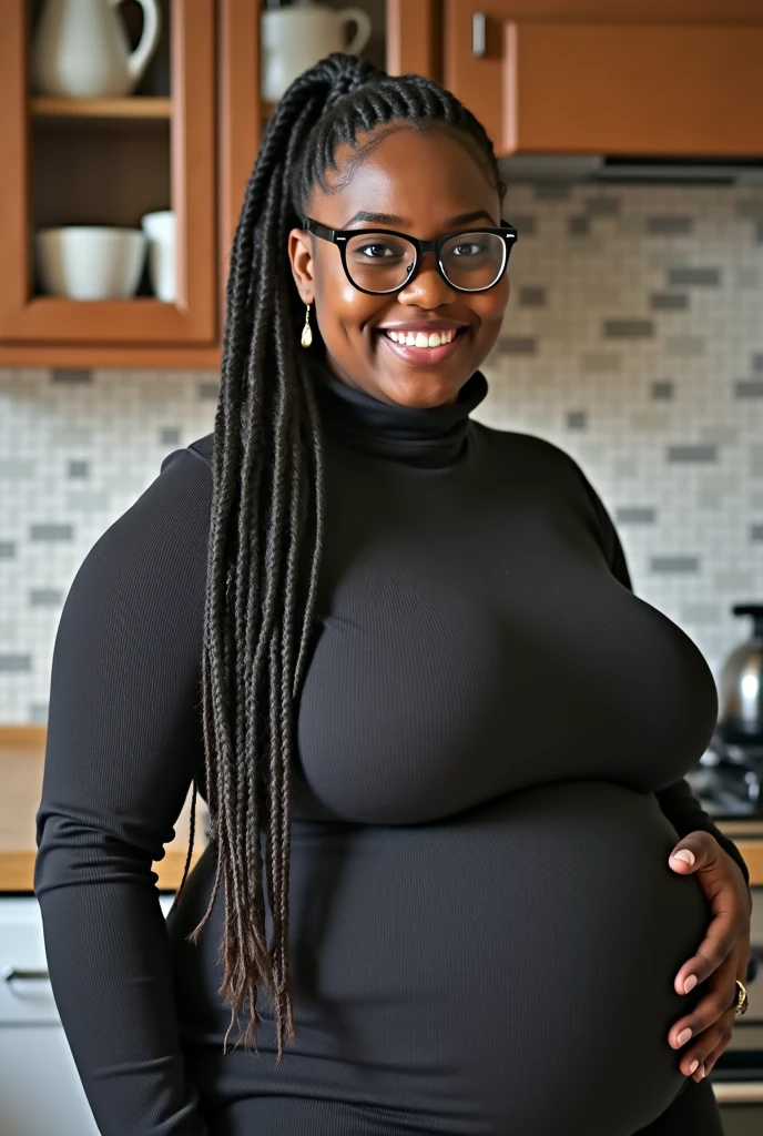 Realistic image of a rustic 6 black woman from the northeast, with a rustic and exotic face with expression marks of age and wearing prescription glasses with a large and thick frame, coily hair, long, thick, tousled black hair with gray tones, Prominent nose, prominent jawline, Prominent nose, full and drooping mouth, slightly overweight and tall body phenotype, big buttocks, with thick legs, thick thighs, natural breasts, small and flaccid, totally naked, is standing smiling and imposingly holding a coffee cup on a humble kitchen table in a Brazilian shack.