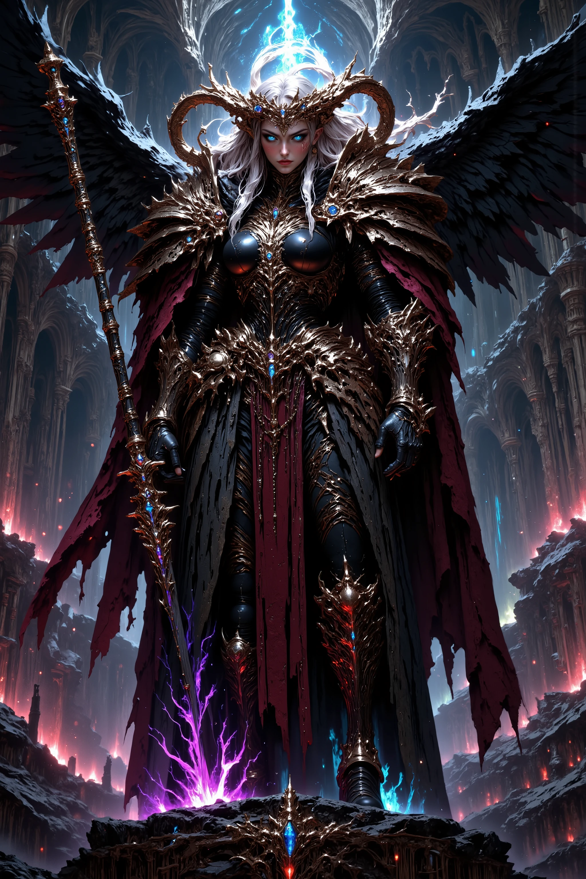 A dark, ethereal female angel knight stands atop a fractured marble altar suspended in the heavens, surrounded by drifting ruins of a once-holy cathedral now consumed by shadow and silence. Her armor is intricately crafted from obsidian celestial steel, molded to accentuate her elegant, feminine form — with a high-collared chestplate sculpted like layered feathers over a corseted core, etched with glowing silver runes and delicate baroque filigree. Her shoulder pauldrons sweep upward like raven wings, adorned with feathered inlays and metallic roses twisted with thorns. Flowing beneath the armor are layers of sheer black silk and wine-red velvet — a long split tabard that dances in the wind, laced with embroidered angelic script and tiny chains of tarnished gold. Her gauntlets are slim and clawed, with long, silver-tipped fingers shaped like talons, and her legs are encased in graceful greaves that curve like sculpted vines, each knee cap bearing a relief of a weeping angel. Her wings are enormous, asymmetrical: one radiant but darkened with scorched black feathers edged in glowing violet light, the other mechanical and divine — constructed from celestial bones and rune-inscribed gold framework, glowing softly with broken holy magic. Her weapon is a sleek, double-edged polearm — a hybrid between a scythe and a glaive — forged of void crystal and inlaid with rose motifs and relic gemstones, its crescent blade burning faintly with cursed starlight. Her face is serene, beautiful, and otherworldly — soft, sculpted features with a hint of sadness, full lips stained in muted crimson, and eyes glowing violet, with luminous tear tracks running down pale cheeks like stardust. Her silver-white hair is long and flowing, braided at the sides and adorned with dangling charms 4K resolution, ultra realistic, fantasy female warrior, epic scale, artstation, volumetric lighting, high fantasy, armor detailing, glowing wings, celestial background, mythic scale, high detail