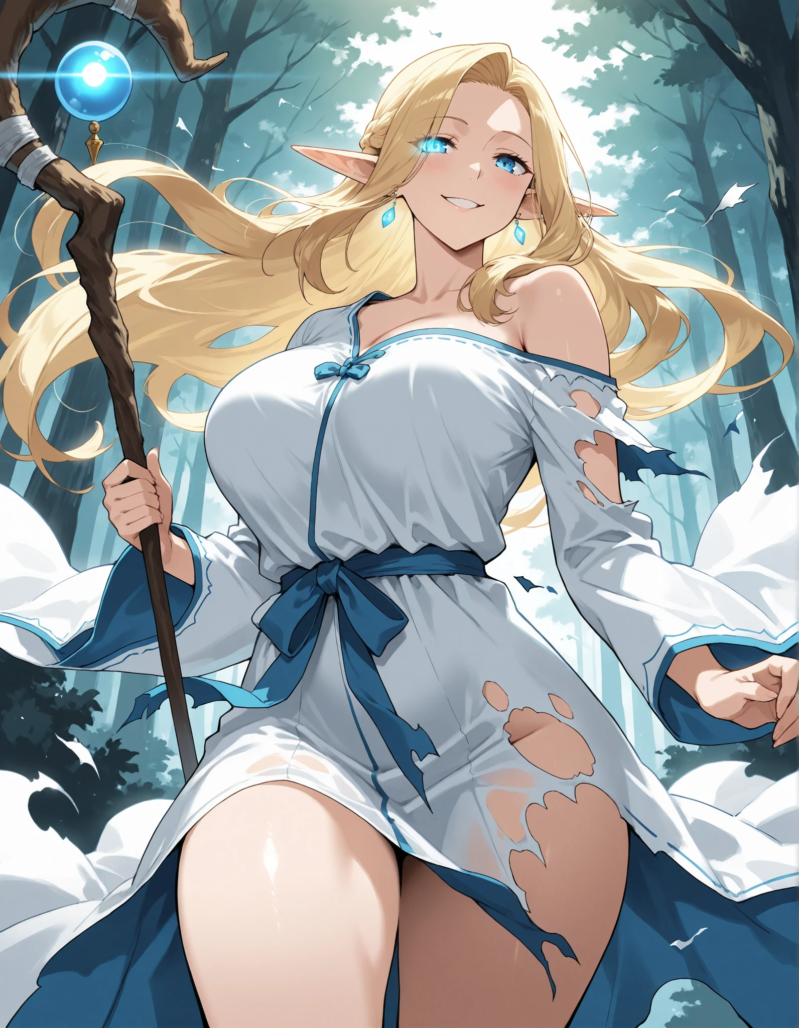 best quality, cinematic view, high contrast, very aesthetic, 1 mature woman, elf mage, sharp piercing blue eyes, (glowing eye trail), (embarrased smile), blonde hair, flowing hair, Big breasts, earrings, tall, smooth thighs, bare shoulder, (white robe over bare body), (torn clothes: 1.4), (naked: 0.8), fair skin, (dynamic pose), magic trails, staff, Enchanted Forest background, Magical Fairy Tale elements, source_anime, dramatic gusts, flowing fabric, motion blur, hair flowing in the wind,