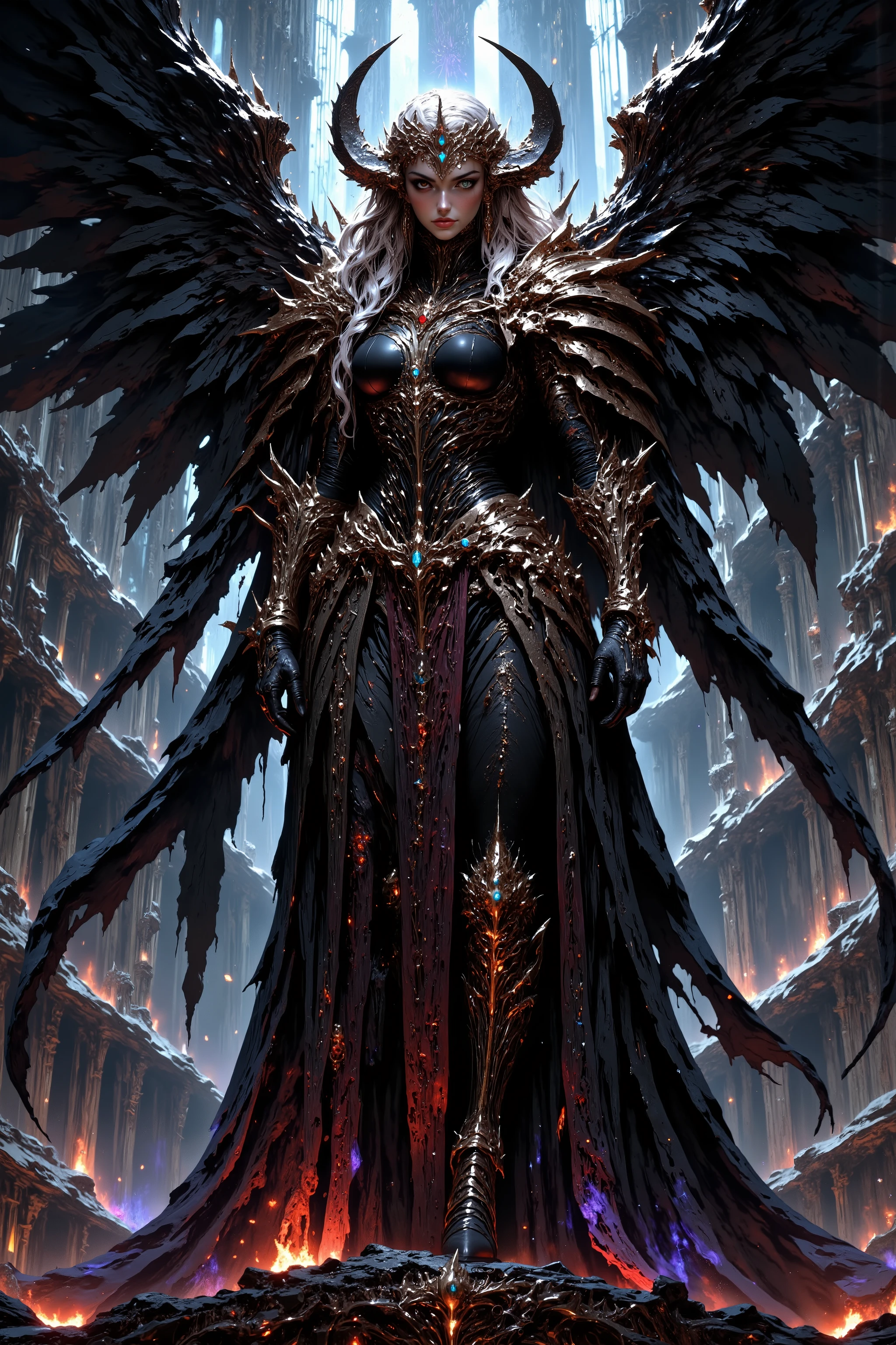 A dark, ethereal female angel knight stands atop a fractured marble altar suspended in the heavens, surrounded by drifting ruins of a once-holy cathedral now consumed by shadow and silence. Her armor is intricately crafted from obsidian celestial steel, molded to accentuate her elegant, feminine form — with a high-collared chestplate sculpted like layered feathers over a corseted core, etched with glowing silver runes and delicate baroque filigree. Her shoulder pauldrons sweep upward like raven wings, adorned with feathered inlays and metallic roses twisted with thorns. Flowing beneath the armor are layers of sheer black silk and wine-red velvet — a long split tabard that dances in the wind, laced with embroidered angelic script and tiny chains of tarnished gold. Her gauntlets are slim and clawed, with long, silver-tipped fingers shaped like talons, and her legs are encased in graceful greaves that curve like sculpted vines, each knee cap bearing a relief of a weeping angel. Her wings are enormous, asymmetrical: one radiant but darkened with scorched black feathers edged in glowing violet light, the other mechanical and divine — constructed from celestial bones and rune-inscribed gold framework, glowing softly with broken holy magic. Her weapon is a sleek, double-edged polearm — a hybrid between a scythe and a glaive — forged of void crystal and inlaid with rose motifs and relic gemstones, its crescent blade burning faintly with cursed starlight. Her face is serene, beautiful, and otherworldly — soft, sculpted features with a hint of sadness, full lips stained in muted crimson, and eyes glowing violet, with luminous tear tracks running down pale cheeks like stardust. Her silver-white hair is long and flowing, braided at the sides and adorned with dangling charms 4K resolution, ultra realistic, fantasy female warrior, epic scale, artstation, volumetric lighting, high fantasy, armor detailing, glowing wings, celestial background, mythic scale, high detail