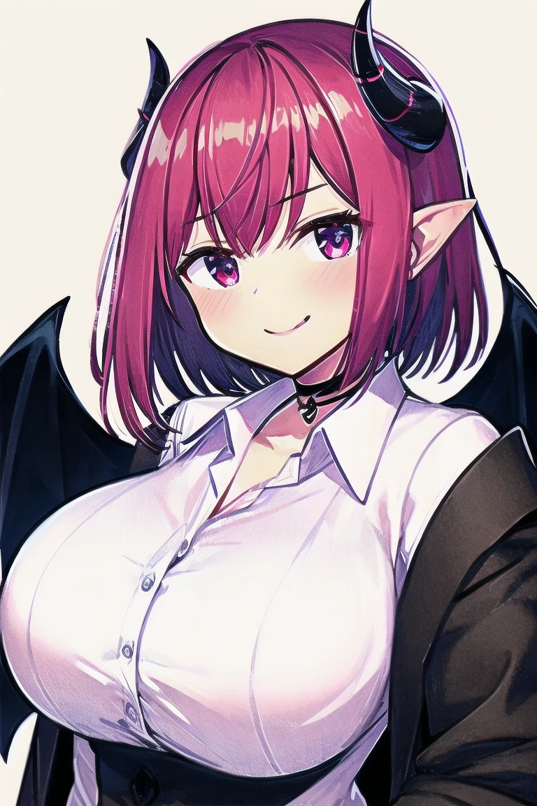 1girl, dragon girl, dragon horns, large breasts, dress, formal, cleavage, sparkling pink eyes, blue hair, simple background, pointy ears, short hair, sidelocks, blunt ends, upper body, (blunt bangs:1.3)