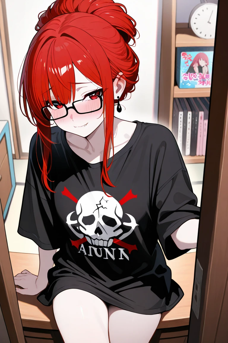 1 girl,smallbreast, emo, big red hair, wearing a large shirt that reaches the thighs, reading a book, sitting in a chair, with 2 legs, on top of a bunch of books