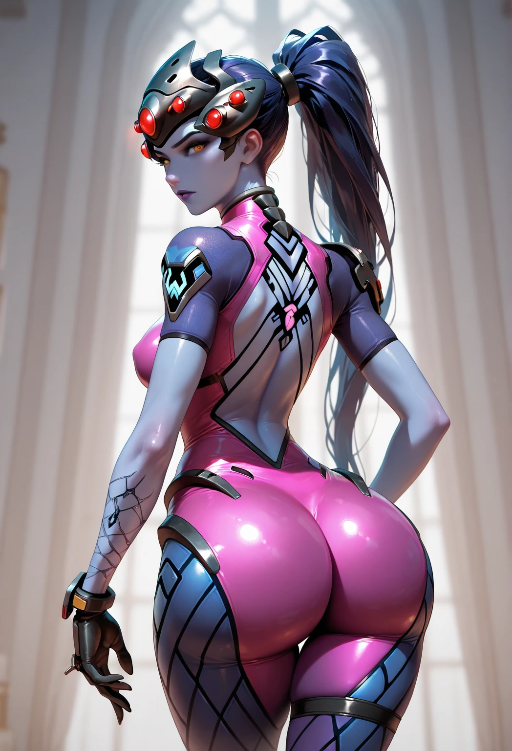 ((Seductive Ninja Woman:1.6))、(Long black hair、Purple Eyes)、((tight black and red ninja outfit、Exposed shoulders and back、Ninja Tool Pouch、Hourglass figure))、Confident expression、((The gesture of tying hair:1.3、Arch your back and look back))、Moonlit night view of Konohagakure Village、Realistic anime style, ((Glowing tattoo on the back:1.8)), Pink flames around the body:1.8