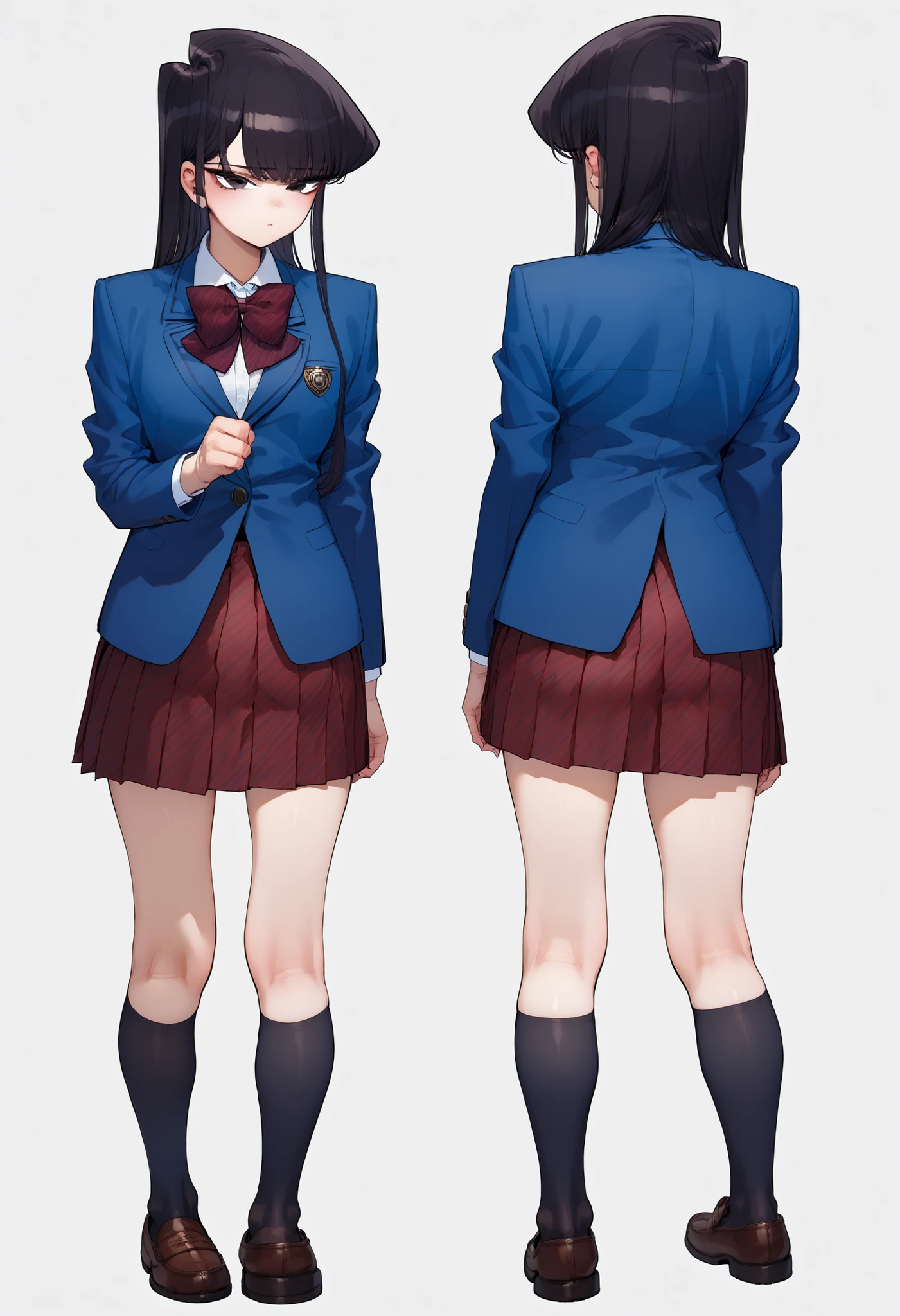score_9, score_8_up, score_7_up,source_anime, best quality, uncensored,BREAK, 1girl, solo, komi_shouko, black eyes, black hair, long hair, full body,BREAK,school uniform, red bowtie, jacket, blazer, long sleeves, striped, pleated skirt, red skirt,BREAK,multiple views of the same character,model sheet,chatacter sheet,forward view,back view