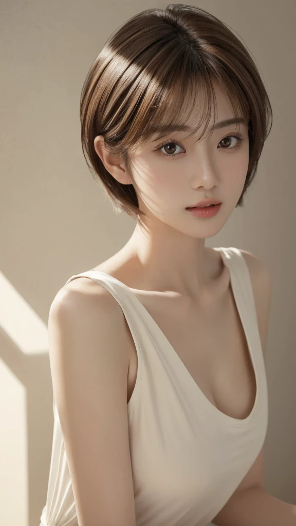 masterpiece、Highest quality、High resolution、Tabletop、wallpaper、Realistic、Bright lighting、Professional Lighting、Face Light、Smooth lighting、Japanese women、Adult、Beautiful woman、action、gravure、sexy、poor、so beautiful、Beautiful Skin、Beautiful and detailed、Detailed face、slim、moderately、short hair、Brunette Hair、Brown eyes、Looking at the camera、