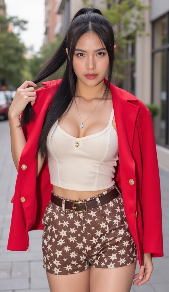 1woman, long hair, realistic, masterpiece, high detailed skin, looking at viewer, outdoor view, solo, full body shot
<lora:Floral_Pant_Shirt_By_Stable_Yogi:1> pink floral shirt, cross necklace, cleavage, black gloves, floral pattern, partially unbuttoned, floral pants