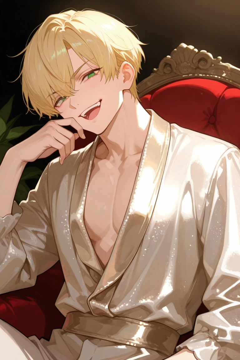 (masutepiece), (Best Quality), Highly detailed, 1 male, Solo Focus, Perfect face, Beautiful face, extra detailed face,yellow short hair, long yellow eyelashes、yellow eyebrows、Handsome man with expressive eyes, Smiling, Yellow eyes、细致背景、bathtub with floating roses、浴室