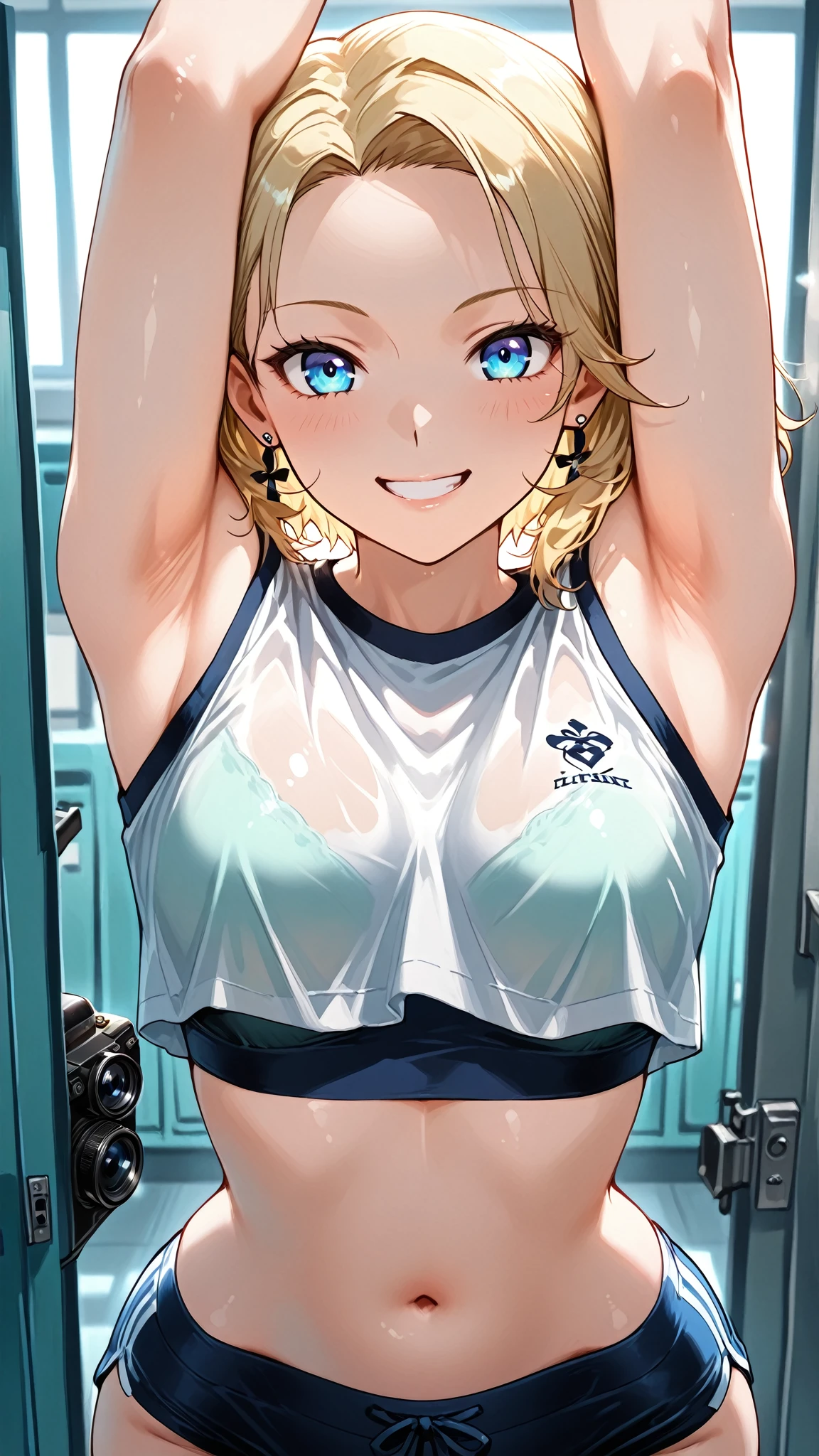official art, unity 8k wallpaper, Super detailed, masterpiece, highest quality, 1 female, (very detailed),(Raw photo、highest quality)、(realistic、Photoreal:1.3)、high detail、顔のvery detailed複雑な 3D レンダリング、(very detailed肌:1.2)、dynamic angle, professional lighting, side light, cinematic light, 超A high resolution, 8K , film grain,best shadow, particles of light, Fine skin texture, detailed face, intricate details, Super detailed, shine, girl:1.0、full body, Tennis court、beautiful face、blurred background、18歳の美girl、shiny skin、Tennis uniform、white panties、((A tight sleeveless white polo shirt:1.0))、big breasts、