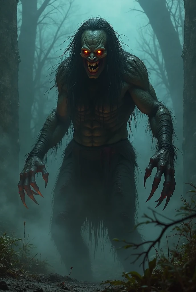 Create a very strong being, with long hair all over his body, more than 250 centimeters tall, with large teeth, exaggerated mouth and yellow eyes, he is standing in a forest in the middle of the night