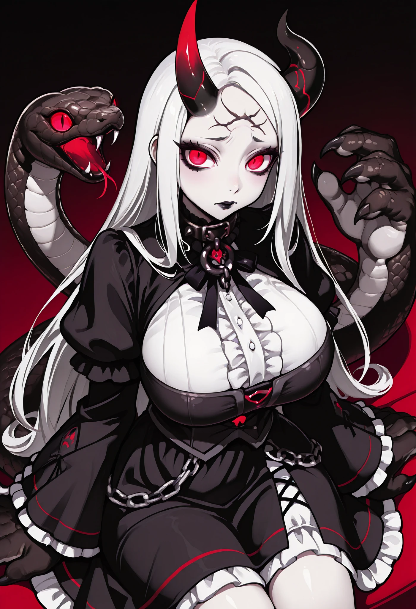 A girl in a gothic dress. White hair. Long hair. One-sided horn on forehead. Worried eyes. Glowing red eyes. Black lips. Black costume. White frills. Big hands. Sharp claws. Big breasts. Sitting. chain. Snake nearby. A big snake.