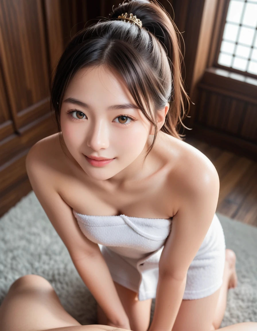 Korean cute girl 18 yeas old is sitting with legs open at onsen, laughing . Small breast , erect nipples, pink mouth, face make up, laughing , tall and slim body, cum, long hair braid , white skin , pink tits , small legs