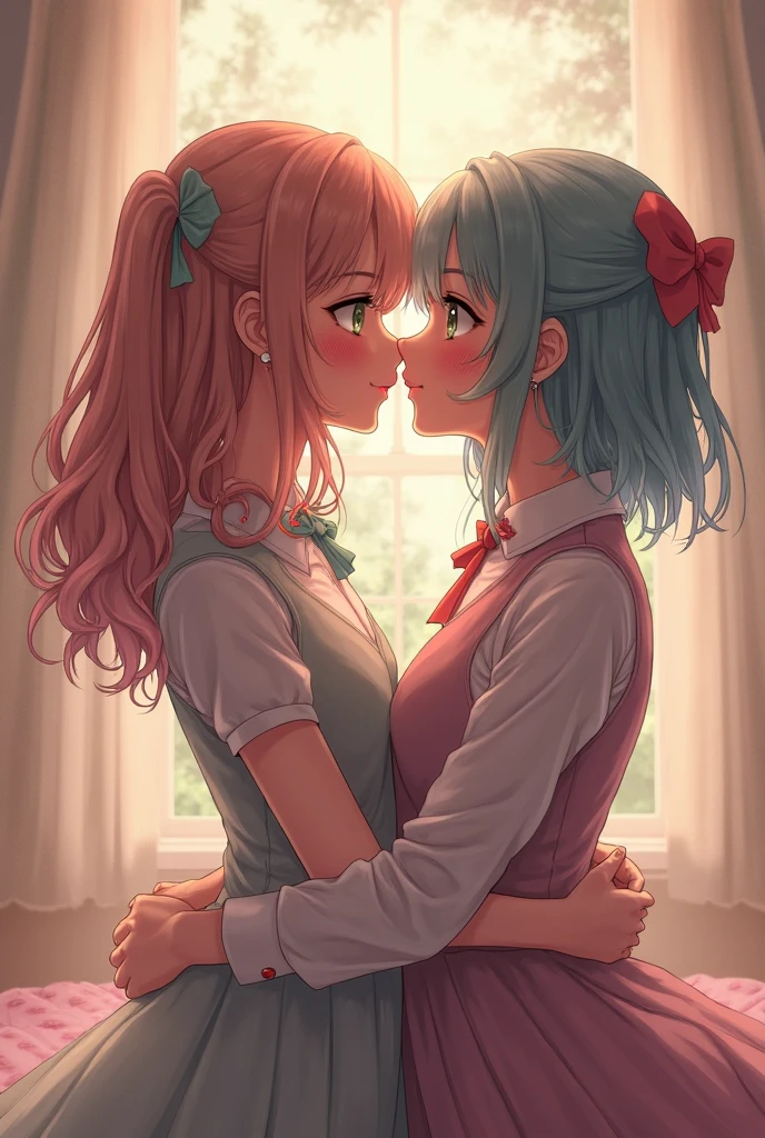 score_9, score_8_up, score_7_up, 2girls, french kiss, green eyes, tri tails, woman with pink hair, woman with blue hair, light purple eyes, short hair, dutch angle, Cardigan, (looking at viewer:1.2), saliva, bow tie <lora:WasurePony:1>