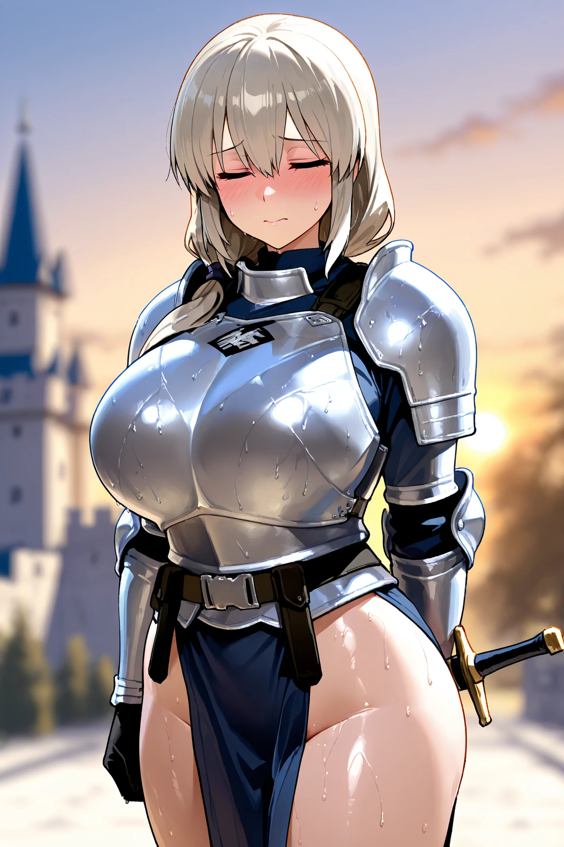 (Trading Card Game Frames:1.7),(((Armor and sword of Joan of Arc:1.3))),(((Ancient Western Landscapes:1,3))),(((Armed Girls in Europe:1.3))),(((Enhance your movements with a sword with a motion blur effect:1.3))),(beautiful a girl),Red pleated skirt,breast slip,(blondehair,See-through bangs and intricate braids、twisted beaded ponytail),(((emphasizing breasts:1.3))),(Dynamic angles),(Dynamic and sexy forward pose:1.3),(((Dignified statue))),(((hair pin,a necklace,piercings))),Colossal tits,Blush with embarrassment,Enraptured eyes,skin glistening with sweat,gazing at viewer,Disturbance of clothing due to movement,pointed red mouth,Perfect round face,,Proper body proportion,Intricate details,Very delicate and beautiful hair,photos realistic,Dreamy,Professional Movie Lighting,realistic shadow,Solo Focus,Beautiful hands,Beautiful fingers,Detailed finger features,detailed clothes features,Detailed hair features,detailed facial features,top-quality,Ultra-high resolution output image,) ,(The 8k quality,),(Image Mode Ultra HD,)