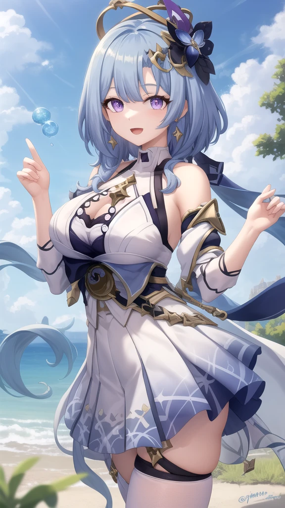 a young girl with a blue ponytail, large raindrops falling, raindrops glowing and refracting light, beams of light, light blue eyes, smiling and looking up at the sky, sunlight streaming in, best quality, 8k, high resolution, masterpiece