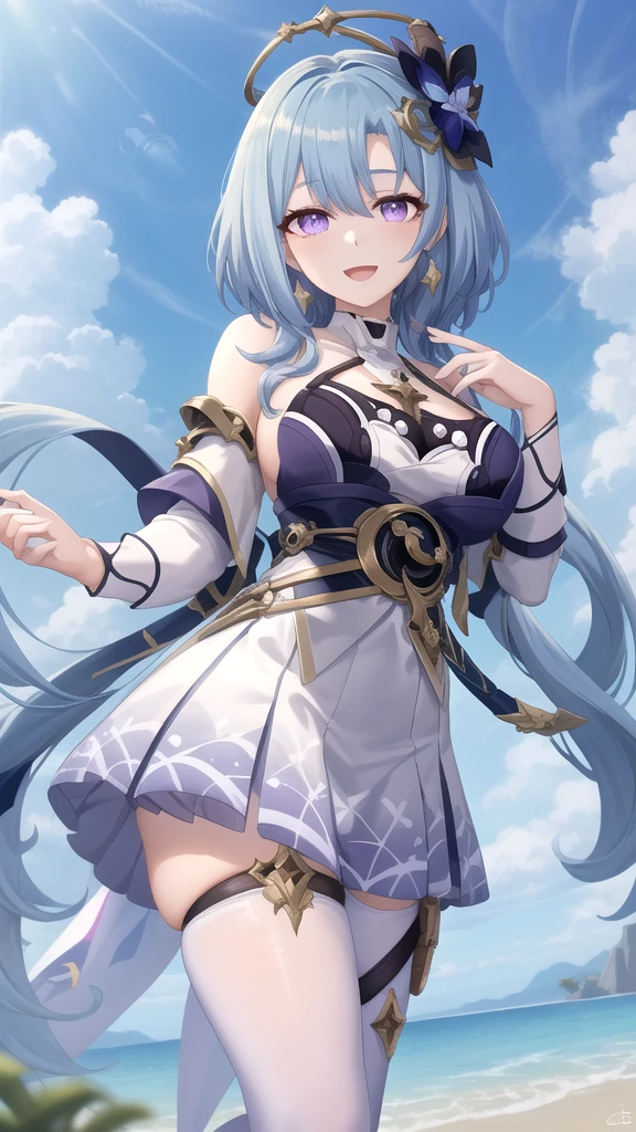 Keqing(Genshin Impact),with blue sky and white clouds,rainbowing,Comic cover style,Holding the kitten,Premium comic titles,self-shot,Expose abs,Slim figure,cropped shoulders,huge tit,White dress at the bottom,Mesh garment,Fleshy thighs,Below the waist are mesh stockings,Masterpiece,hyper-detailed face,Deep rendering