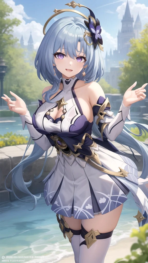 Best quality at best, tmasterpiece, A high resolution,in school uniform, Alone, {employment_First God:1.15}, blue_the hair, long_the hair, through bangs, horn, The purple_There are eyes, ahoge, mediuml breasts, face flushed, goats_horn, side locks, bell, Upp_body, middling_mediuml breasts, bigger_mediuml breasts, rapeseed_bell, 1 plump girl, simple_shoulder, Independent_the sleeve, lookingat_Shown in_peeking at the viewer, Black_mitts, mitts, soybean_Neatly trimmed, cowbell, The white_Background with, The white_the sleeve, Broke up_Open your lips, simple_Background with, sitted,