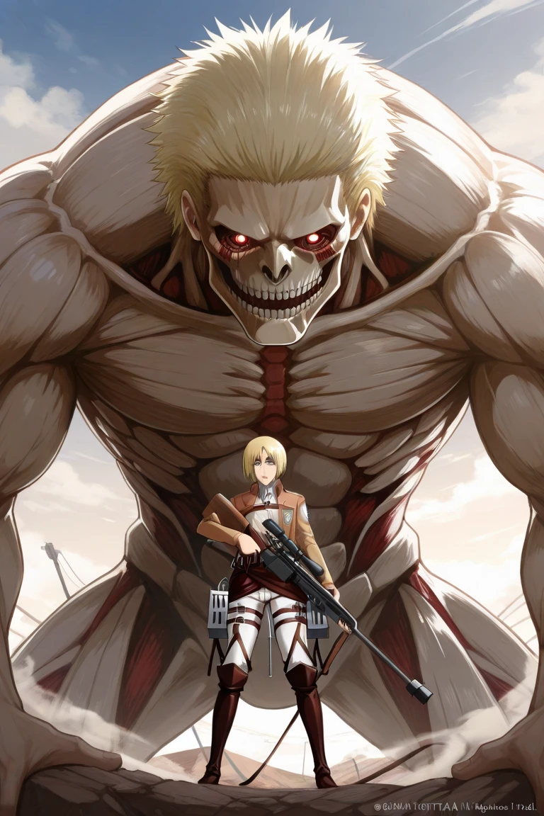 masterpiece, best quality, 1girl, female titan, blonde hair, short hair, blue eyes, teeth, scar, blood, giant, giantess, muscular, hands on hips, blue sky, cloud, view from below, ruined city