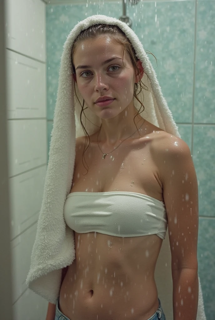 Kate Mara, age 25, dressed in a bath towel, is fleeing from her bathroom which is filling with translucent slime, movie monster C'Thulu and other eldritch tentacled beasts, flesh hungry monsters, damsel in distress