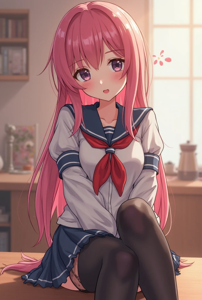 gotoh hitori, 1girl, solo, long hair, smile, open mouth, blue eyes, simple background, white background, hair between eyes, upper body, pink hair,one side up, cube hair ornament, camisole, on couch, sitting, short shorts, dolphin shorts, large breasts, girl&#39;s room　elementary school girl　16-year-old　flat chest　pink hair　long hair　eyes are purple　（（1 person））　Upper body white short sleeve T-shirt　Lower body navy blue denim miniskirt　white panties　white socks　lying on the bed　spread your legs a little（（I can see white panties））　dynamic angle　Angle seen from directly above,school gymnasium　Inside the gymnasium　elementary school girl　16-year-old　flat chest　black hair　long hair　eyes are purple　（（1 person））　Upper body white long sleeve sailor suit　Lower body navy blue mini skirt　white panties　white socks　sports boots　running　Open your legs slightly（（white pantiesが見える））　dynamic angle　Low angle focusing on the lower body