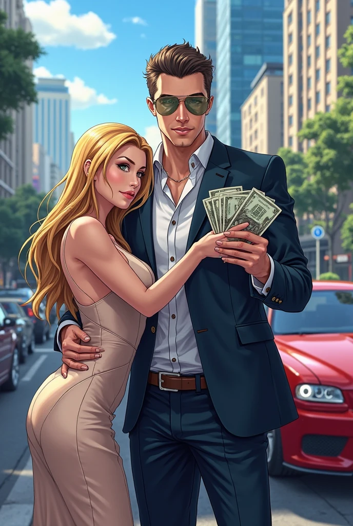 A man
 in a Brazilian suit on the left side of the image, A Brazilian woman in casual clothing on the right side of the image, in the center of the image dollar bills falling from the sky, high definition image, high image quality, high quality texture, no nudity