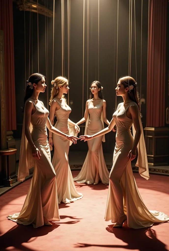 ((best quality)), ((Masterpiece)), (details), A photograph of a European woman wearing a royal robe with a serious expression sitting on a chair is in the center., Surrounded by seven fully naked women., large breasts, Straight hair and white skin, Some placed their hands on their shoulders or body.. The background is an old room that is about to collapse., The light is dim., Create a warm but lively atmosphere.. high resolution camera, Low-light photography, Inspiration of club culture, Modern Fashion, natural light, slightly shiny, Full body shot