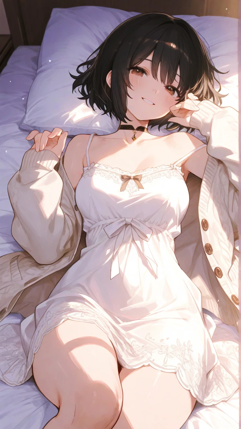 busty teenager, dressed in a hand-woven blouse, short white skirt, lying in bed, View from above