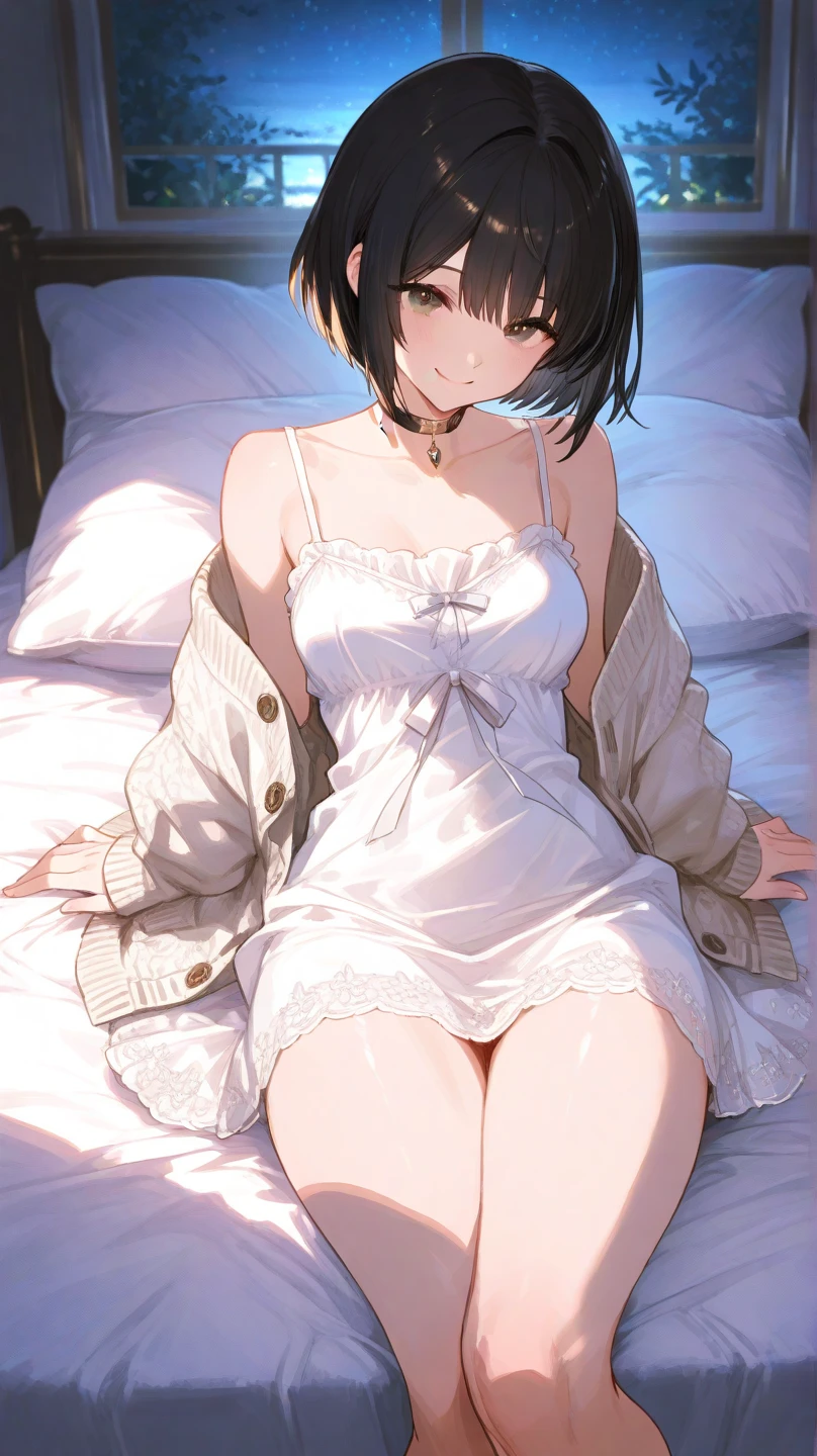 nsfw、solo、Busty High School Girl、(Black Hair、Very Short Hair、Boyish cut)、(White off-shoulder ribbed knit、White sleeveless white、White dress white、White Micro Mini White、White mesh panties)、Gold Necklace、(Bare thighs、Smooth thighs)、Black short boots、Spread your legs wide