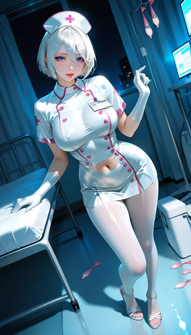 1woman, Nurse, nurse uniform, Nurse Cap, Whiteware, ((White legwear, zettai ryouiki)), White Gloves, Blonde hair, Blue eyes, pink lipsticks, Smile, Standing, sharp outline, Short sleeves, a mature female, 35 year old, Best Quality, masterpiece, infirmary, As chest shows, chest escaping, rain on face, sensuous pose, tit visible, white lingerie