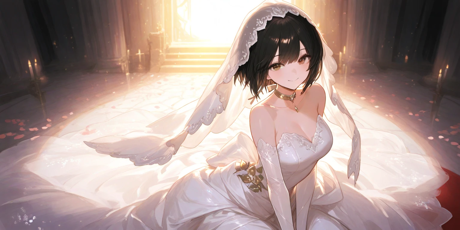 Super detailed,(Highest quality),((masterpiece)),(High resolution),original,very,Nirou, One girl, chest, alone, Veil, chestの谷間, jewelry, View your viewers, large chest, smile, Thighs, blush, Spread your legs, Bare shoulders, clavicle, Mouth closed, necklace, Aqua Eye, heart, squat, ring, Blurred background, Patreon Username, horn, indoor, bridal Veil, Tilt your head, Bare arms, white dress, dress, Blurred, Sitting