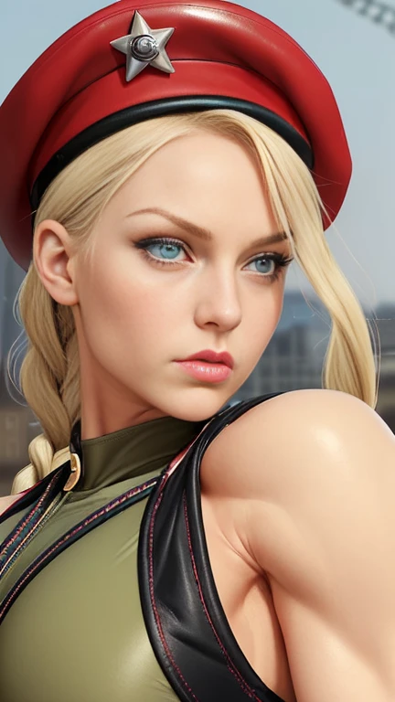 Cammy,blonde hair,blue eyes,long twin braids,
green leotard,chest harness,boots,small red beret,sleeveless,
standing,upper body,
night,
(insanely detailed, beautiful detailed face, masterpiece, best quality),<lora:cammySF6s2:0.9>,