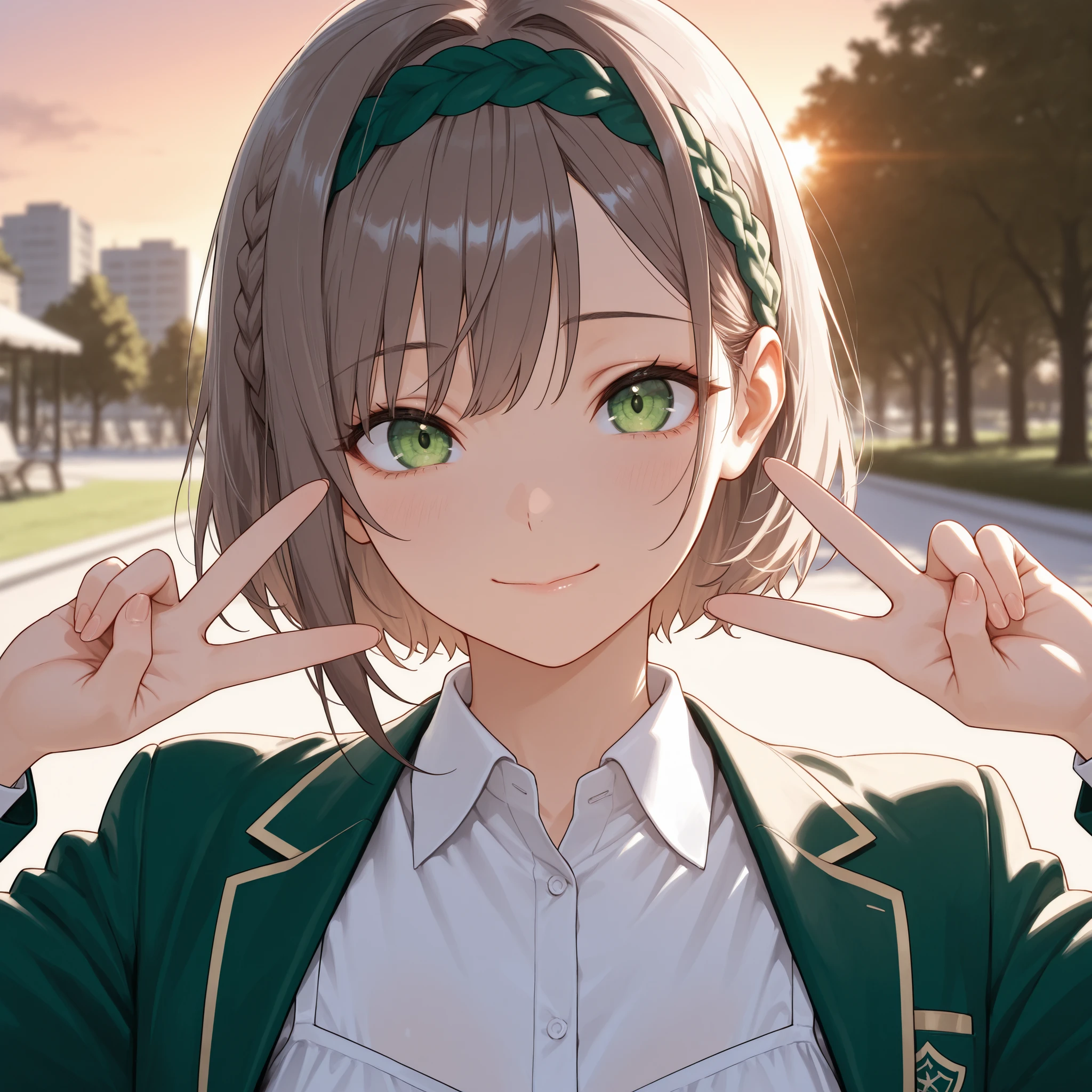 score_9, score_8_up, score_7_up, masterpiece, best quality, detailed face, 1 girl, solo, beautiful, modest chest, slender body, mature, light makeup, adorable, sharp eyes, closed mouth, gentle smile,
short hair, silver brown hair, side bangs, short tidy bang, vibrant green eyes, braid headband, green blazer, white dress shirt,
Outdoor background, park, outside town, double peace sign hand, sunset, depth of field, bloom, soft lighting, best composition, dynamic, looking at viewer, close up view, from the front