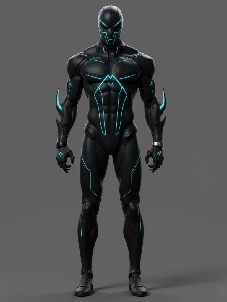 A black and blue suit painting, black and cyan color scheme, full body concept, male robotic anthro orca, cyber suit, luminescent concept art, neon noir, cyber universe style, Humanoid form, cyber noir, glowing guy creature, sona is a slender, new costume concept design, this character has cryokinesis