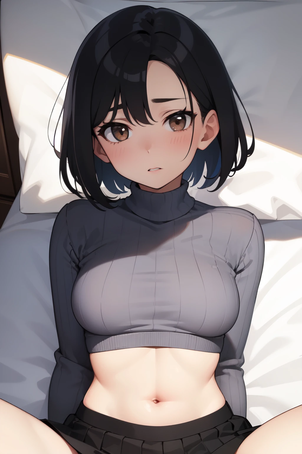 (1 person、solo), Beautiful woman, (Anatomically perfect body), Slender、(Tight-fitting turtleneck sweater, detailed panty), (On the bed), (fetal position, Lie:1.2), (Pussy juice:1.1), 18-year-old、(looking away)、(Highest quality)、Detailed beautiful eyes、Black Hair, short hair, bedroom、(8k, High resolution)、(shy:1.3)、Mid-chest, (steam:1.1), erect nipples、(embarrassed:1.4)