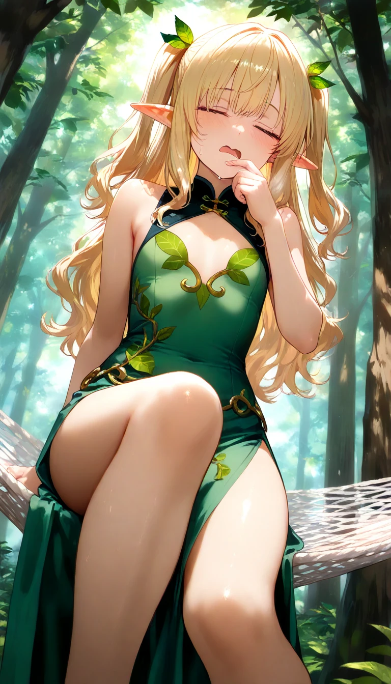 ((masterpiece)), ((highest quality)), ((High resolution)), ((High-definition CG synthesis 8K wallpaper)), ((On the branches of a tree in a deep forest:1.3)), ((Elf Female Cartoon Character, Pointed elven ears, Wavy blonde hair, Green Eyes, Bare Skin:1.2)), Cowboy Shot, Skin is moisturized and radiant, She wears a flowing mini dress and gold-embellished leather armor.., Long leather boots, ((Tilt your head, View from the front:1.2)), ((Squat with your legs apart)), 
