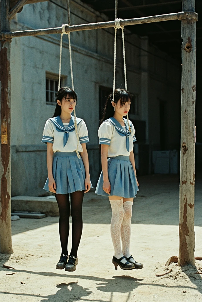 Scene of two schoolgirls in white thigh high socks, hanged, execution, gallows, hovering in the air, female student closes eyes