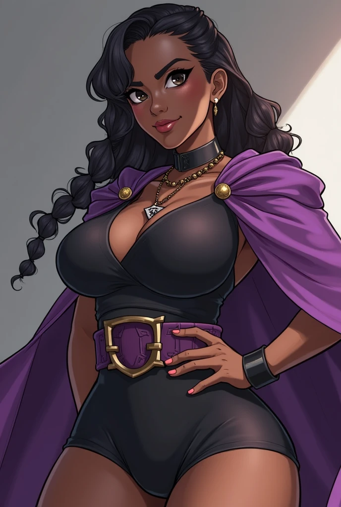 (masterpiece:1.2, best quality), 2D, intricate comic book outline linework, (depth of field), a mature older woman ((dark skin)) with long curly hair, chubby body, (small breasts), alluring princess knight, sorceress with glowing hands, highly detailed anime, regal robes, dark makeup, eyelashes, luscious lips, (deep cleavage) frontal, full-length, three-dimensional light