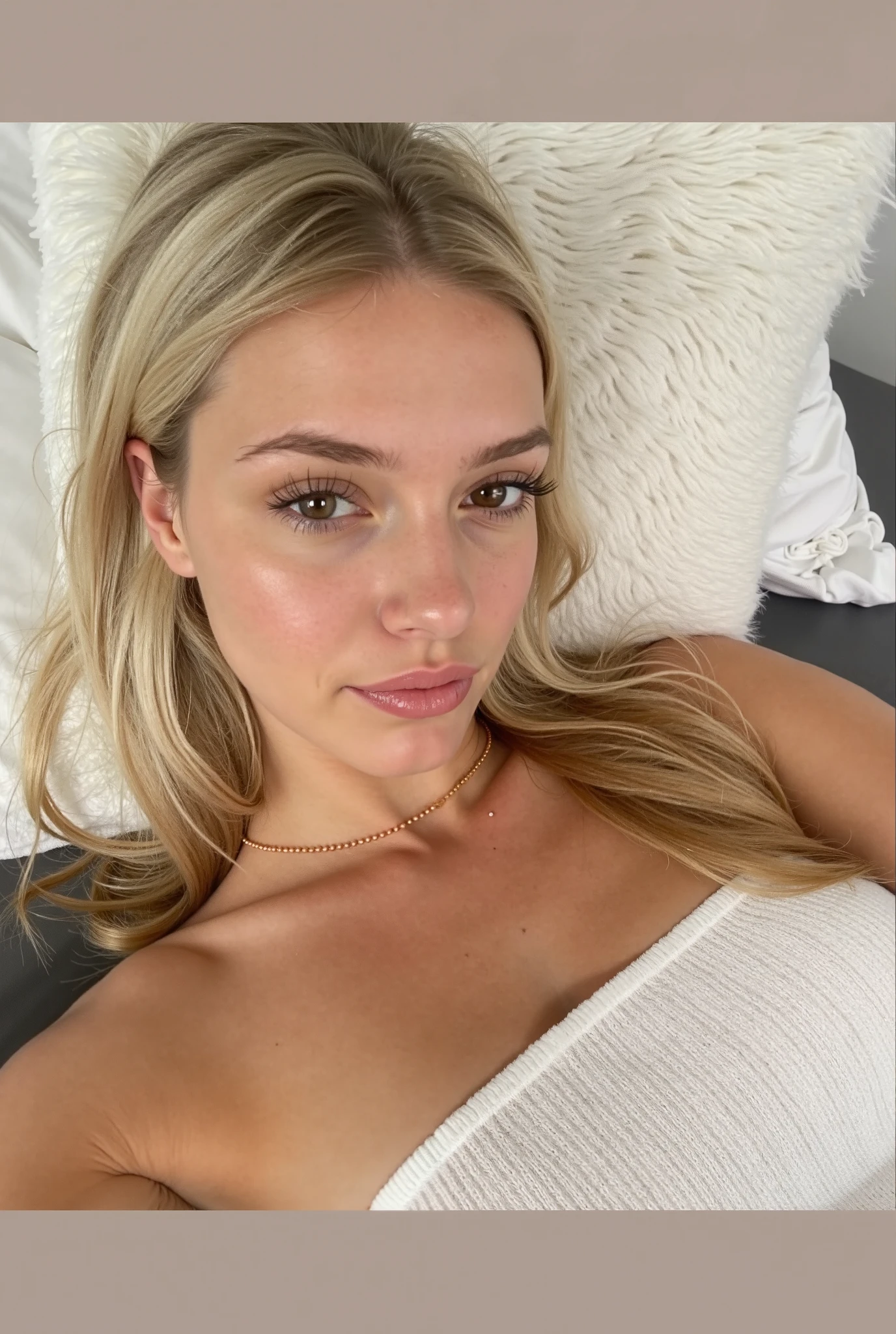 Fille blonde. 22ans. photorealistic, best quality, ultra-detailed, lovely woman, Photos de selfies, haut du corps, bare, Texture de la peau, grain de film,超Une haute résolution, best shadow, primitive, LUT Instagram, Instagram size image