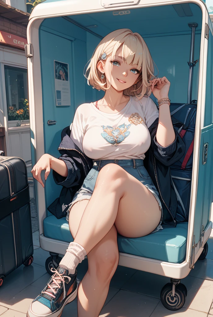 (sitting on a train seat:1.2)、off shoulder knit、pread legs))、(legs open:1.2)、(showing nipples)、gal、cute eyes、showing teeth、blonde hair