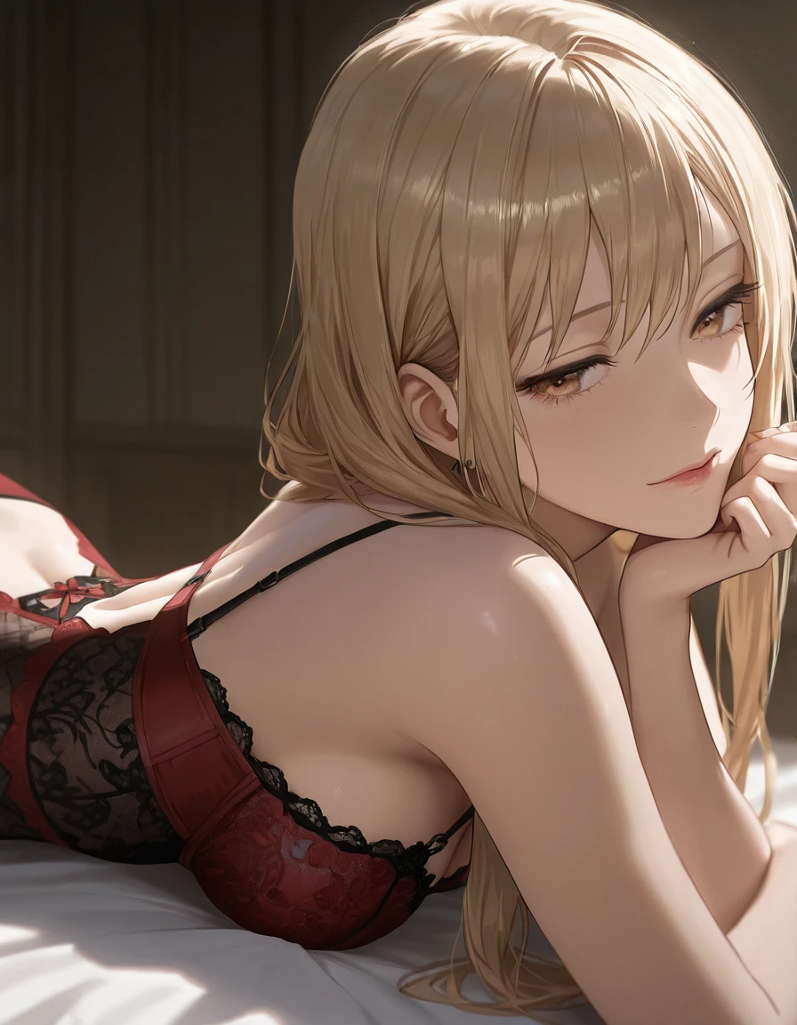 (highest quality:1.2, Very detailed, up to date, Vibrant, Ultra-high resolution, High Contrast, masterpiece:1.2, highest quality, Best aesthetics), (((1 girl))), Marie rose, 16 years old , very cute girl, middle breast, slender body, small hip, Woman in seductive pose, twin pony tail hair with highlights, Eyes and lips with plenty of detail, Glowing, soft skin, Subtle blush, Delicate Jewelry, Glamorous makeup, Red lace lingerie, See-through lingerie, Feminine curves and contours, Sensual atmosphere, Dramatic lighting, Romantic colors, Lying on pure white silk sheets, Cowboy Shot