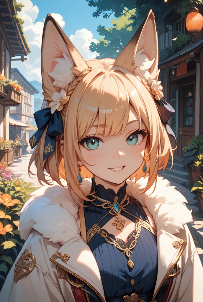 ((tmasterpiece)), HD clear,Blonde girl,foxears&Plush tail,Lovely and cheerful,Sweet smile,Biye,年轻,Amber eyes。