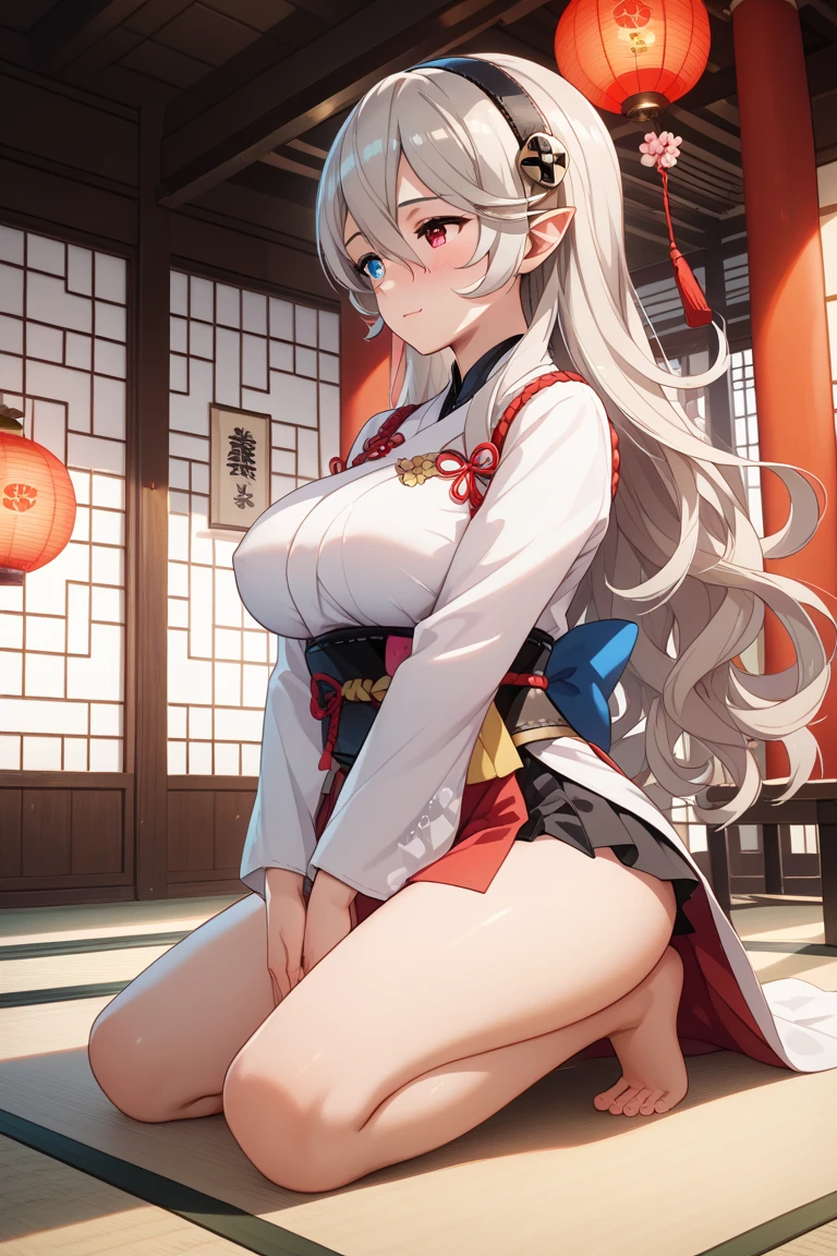 ((highest quality、High resolution、8K、masterpiece:1.3))、dynamic angle、wallpaper、1 girl、unparalleled beauty、ultimate beauty、super detailed face、delicate eyes、smile shyly、sexy look、Depth of bounds written、light particles、side light、ponytail、(silver hair、shrine maiden、shrine maiden服、shrine maiden装束、white kimono、red hakama)、(Lifting the skirt with both hands)、((exposed、Showing her pussy shyly))、(Love juice dripping from the pussy)、(I'm tempting、Inviting to have sex)、perfect body、beautiful breasts、big breasts、cleavage、thighs、slim、slender、Old castle at night