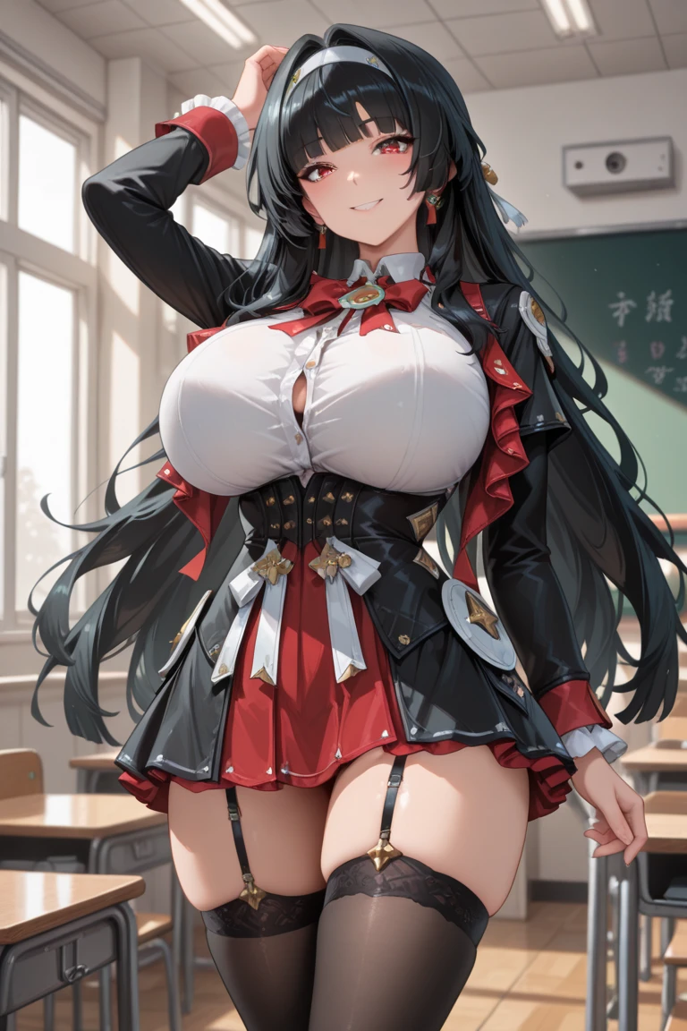 ,Huge breasts, Wide Hips, Shiny body, Shiny skin, expensive,Open your mouth ,View Viewer ,smile,Open your mouth ,Bright glossy screen,,black hair,,open mouth, ,,huge breasts,,narrow waist, , eyelashes, eyeshadow, lips,, 8k, hdr, raytracing,long hair, chikumaKC, single elbow glove, single glove, pelvic curtain, military uniform, military, puffy short sleeves, red bow, uniform, bowtie, puffy sleeves, short sleeves, jacket, bow, gloves, shirt, solo, milf,hands on hip