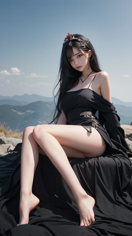 Hyperrealistic, 8k, Top quality, very sharp photo, photoreallistic, fille sexy, (((1 naked woman:1.8))), (pure naked:1.8), (slender:1.8), ((9 heads tall, slim legs, long legs:1.8)), (spread legs:1.8), ((from front:1.8)), (large breasts, deep cleavage:1.6), (pretty teat:1.8), (thin waist, abs, belly button:1.2), (silky straight black hair:1.8), (short bob-cut hair, bangs:1.6) , (brown eyes), detailed lip, Japanese girl, large breats, full perfect body, high-heeled shoes, (beautiful landscape:1.6), (windy:1.6), sunset,looking at viewers, gentle smile