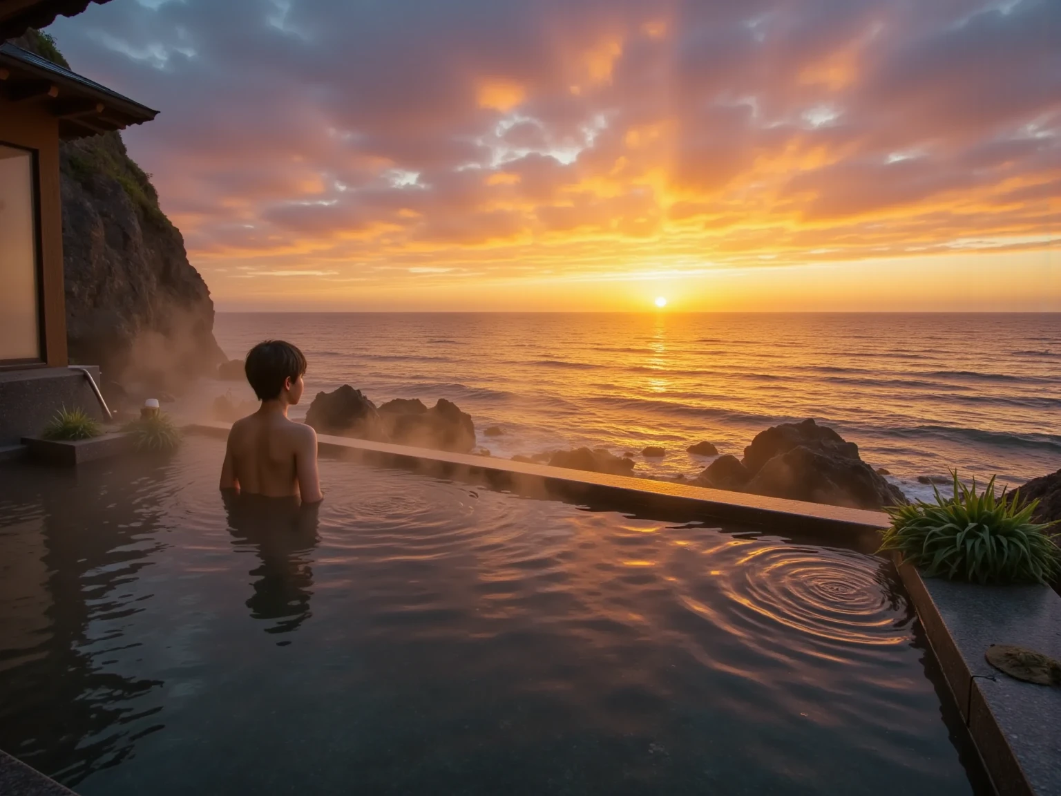 Hot springs with ocean views、one boy、Watch the sunset over the ocean ...