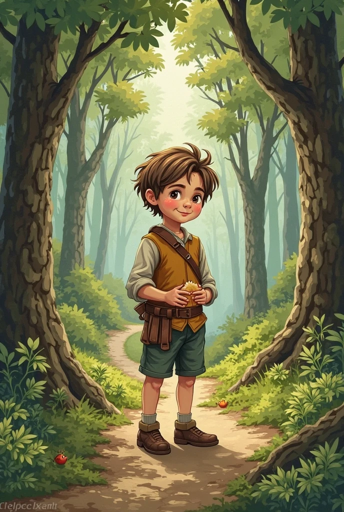 Illustration for a fairy tale about a boy, which was made of logs. In a jacket and with a gold key in his hands