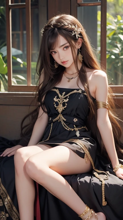 1 girl, solo, details, masterpiece, best quality, photorealistic realism, beautiful girl, long hair, black hair, skull headband, gold earrings, (((red eyes))), beautiful face, skull necklace, perfect body, large breast, open chest, black long dress, skull bracelet, gold earrings, gold belt, (((yellow panty))), musical instrument, (((sleep on ancient bed))), (((turn back))), (((show her butt))),  dark sky, dark temple,